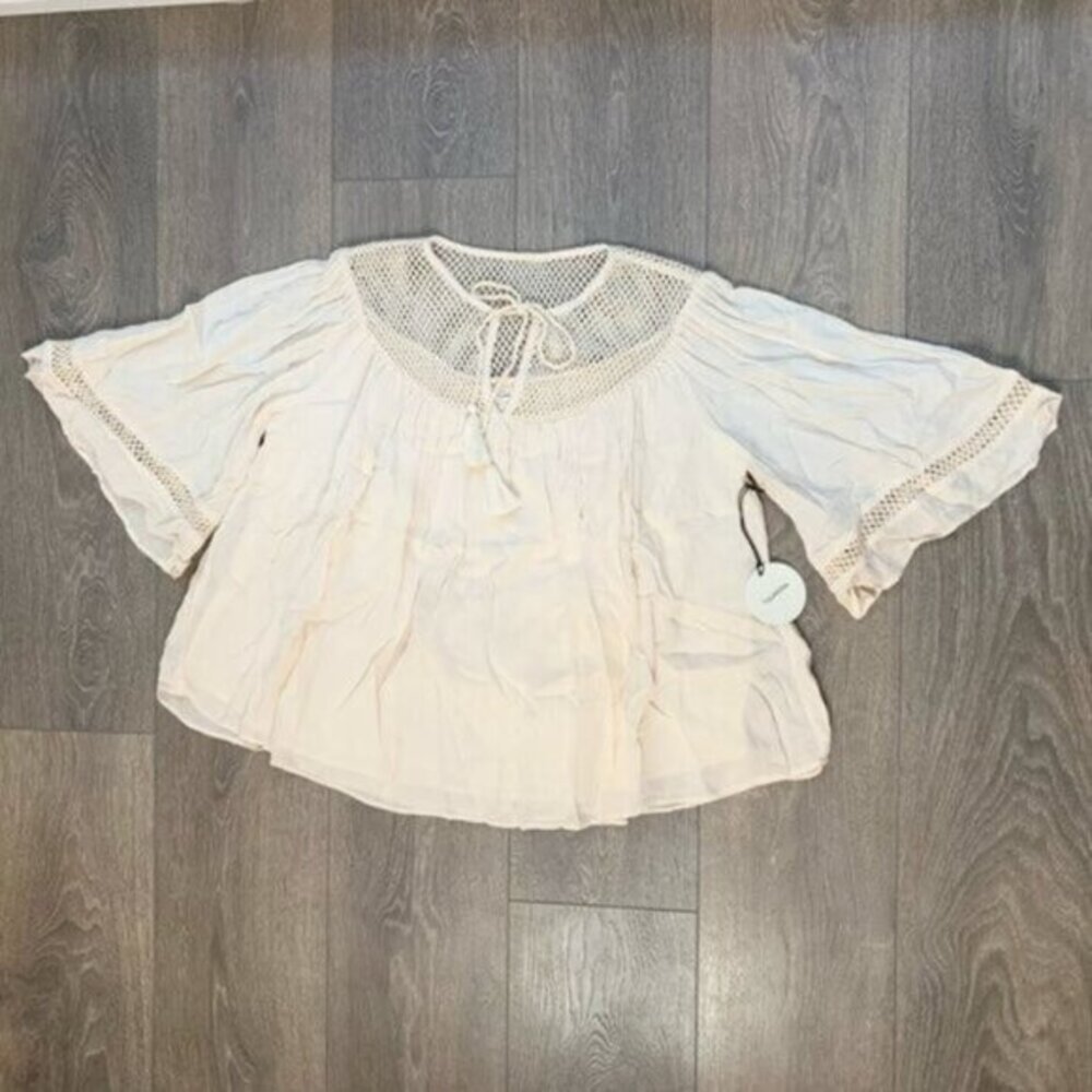 Tularosa Revolve Huxley Top Cream Tassels ties Gauze Crochet Flutter Sleeve - Picture 5 of 15